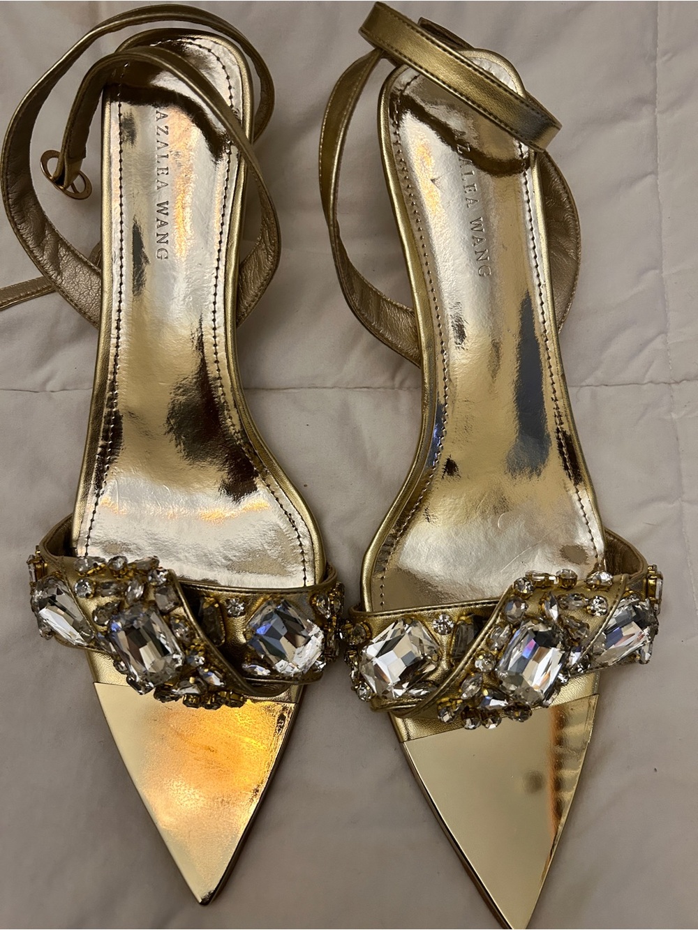 Azzalea Wang Gold Jeweled Pointed-Toe Ankle-Strap Heels